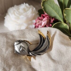 Vintage Fish Brooch Pin in Silver and Gold Tones